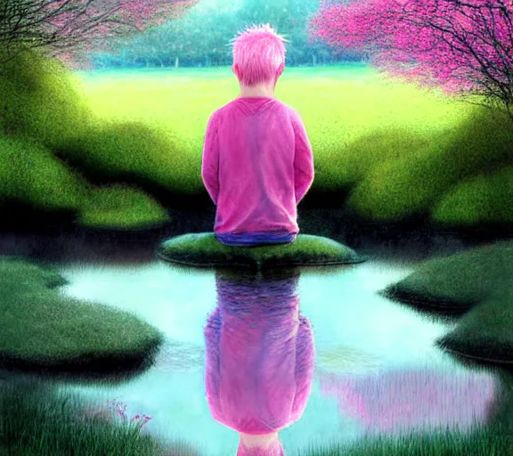 Image similar to pink haired boy backlit staring at black haired boy from across a pond, by alan lee, muted colors, springtime, colorful flowers & foliage in full bloom, sunlight filtering through trees & skin, digital art, art station cfg _ scale 9