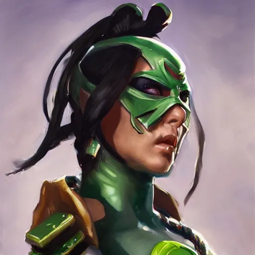 Image similar to greg manchess portrait painting of jade from mortal kombat wearing a halfmask as overwatch character, medium shot, asymmetrical, profile picture, organic painting, sunny day, matte painting, bold shapes, hard edges, street art, trending on artstation, by huang guangjian and gil elvgren and sachin teng