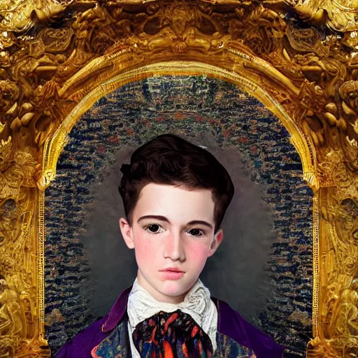 Prompt: hyperdetailed maximalist elaborate half - lenght portrait of a futuristic a beautiful young teen boy, wearing long clothing. rococo architecture, in the style of modigliani and mixed media collage. matte background hd 8 x