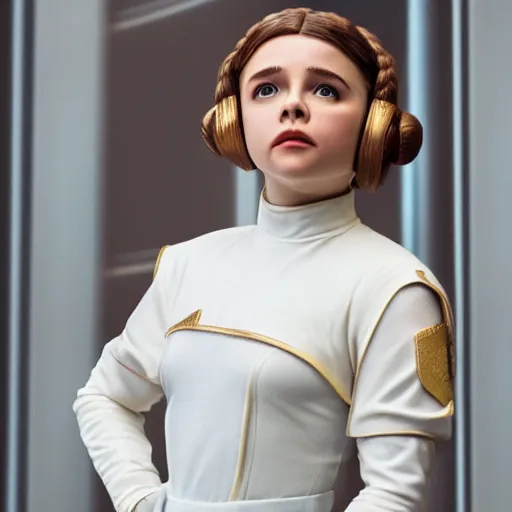 Image similar to Adult Chloe Moretz as Princess Leia, XF IQ4, 150MP, 50mm, F1.4