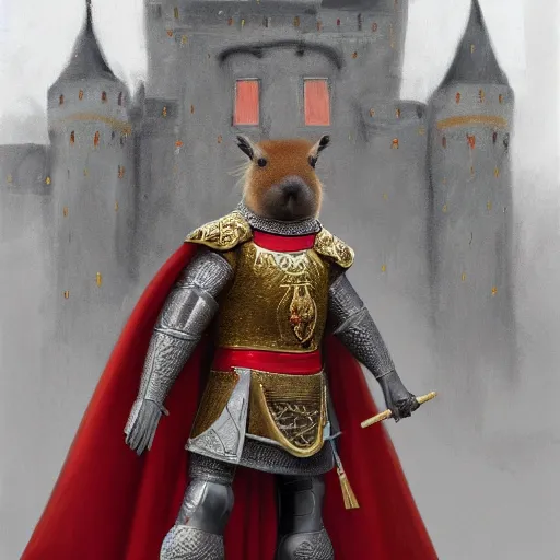 Prompt: detailed photorealistic painting of a capybara, wearing a detailed ornamented gold crown with diamonds, in a medieval knight armor with red cape, standing in front of a detailed castle, sharp focus in the style of ruan jia, Mandy jurgens, cinematic light, concept art, trending on artstation, ultra realistic