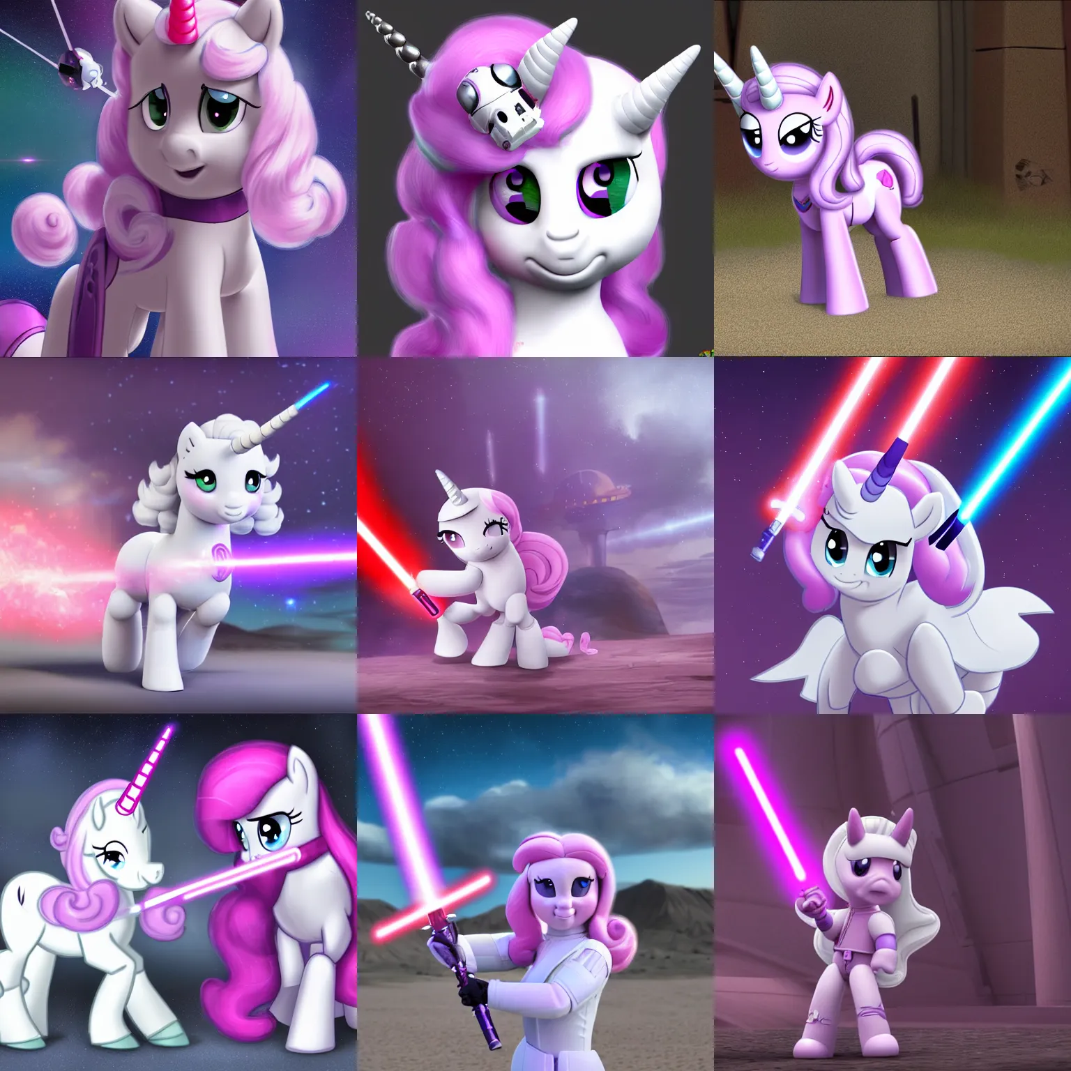 Prompt: sweetie belle ( white unicorn filly with pink and purple mane and tail ) in star wars as a sith apprentice with a red lightsaber | trending on artstation, derpibooru, my little pony : friendship is magic in star wars, 8 k, 3 d, live action with cgi special effects, hyper - realistic, canon wide - angle lens, pixar