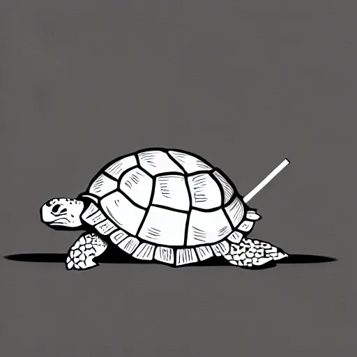 Image similar to storybook illustration of a turtle smoking a cigarette, storybook illustration, monochromatic, white background