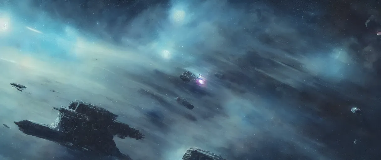 Image similar to concept art, exploration spaceship drifting in space, the expanse tv series, industrial design, immensity, alone in a nebula, cinematic lighting, 4k, widescreen ratio, by sparth, beksinski