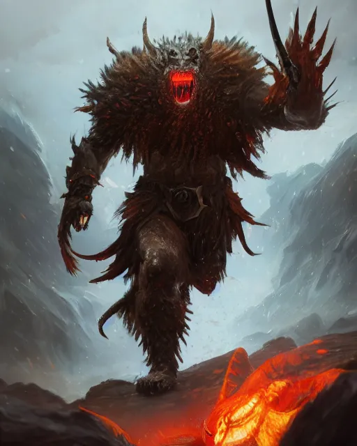 Image similar to oil painting of Angry Anthropomorphized Fish Berserker, wearing fur armor, claws, sharp focus, attack pose, fantasy style, octane render, volumetric lighting, 8k high definition, by greg rutkowski, highly detailed, trending on art Station, magic the gathering artwork, burning Battlefield background, centered