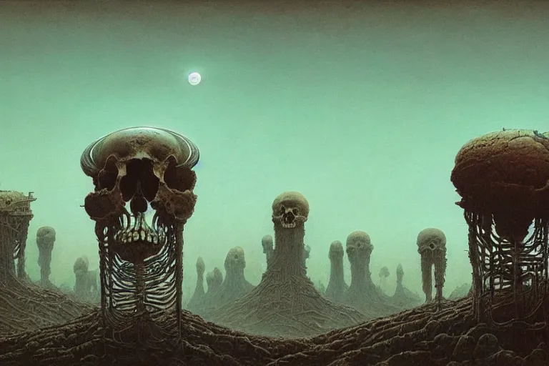 Prompt: a surreal and awe - inspiring science fiction landscape, skull moon in the sky looks like a skull, intricate, elegant, highly detailed colored sketch by beksinski and simon stalenhag