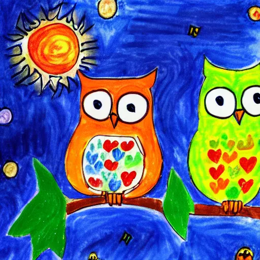 Prompt: childrens drawing of life the universe owls and trees,