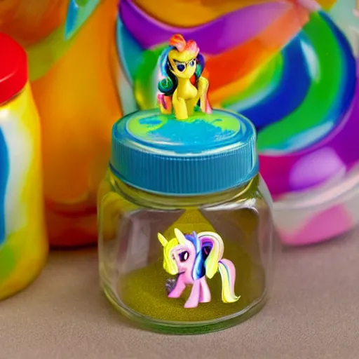 Image similar to a my little pony figure in a jar covered in a mysterious sticky yellowish fluid