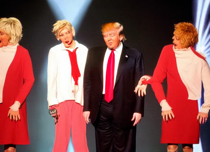 Prompt: dobby donald trump cult initiation ritual on stage stage of the elen degeneres show, detailed facial expression
