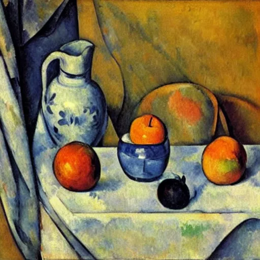 Prompt: still life with apples cup and pitcher by paul cezanne,