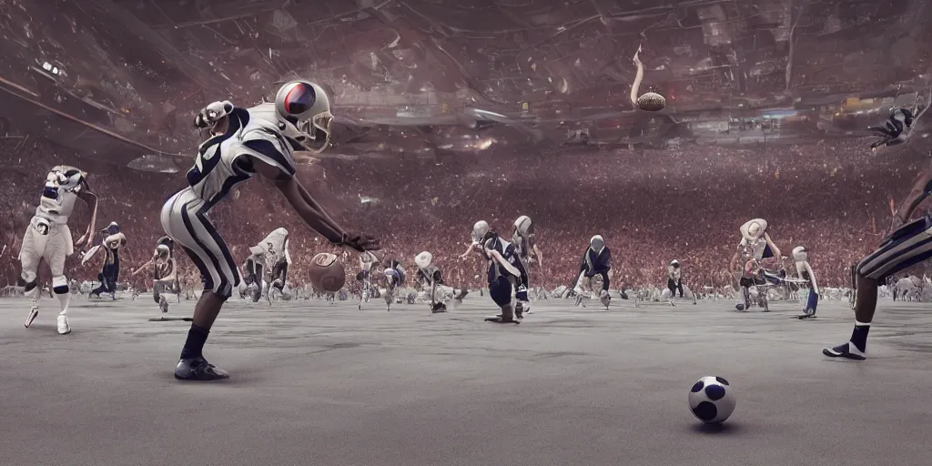 Image similar to ”player throwing the ball while being violently tackled, futuristic american football played on a metal floor in a closed arena with a chrome ball, [scifi, sports, retrofuturistic, ramps, painted lines on the floor, octane render, realistic, detailed, photography]”