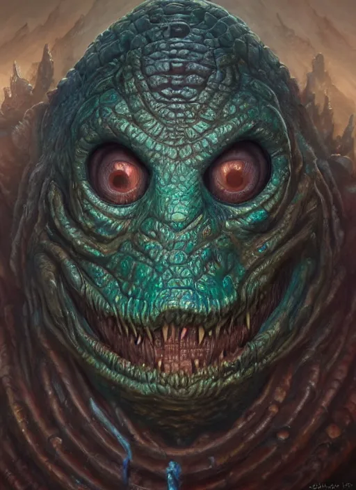 Image similar to hp lovecraft monster mf doom reptile eyes, blue skin, highly detailed, centered, digital painting, artstation, concept art, smooth, sharp focus, illustration, artgerm, tomasz alen kopera, peter mohrbacher, donato giancola, joseph christian leyendecker, wlop, frank frazetta