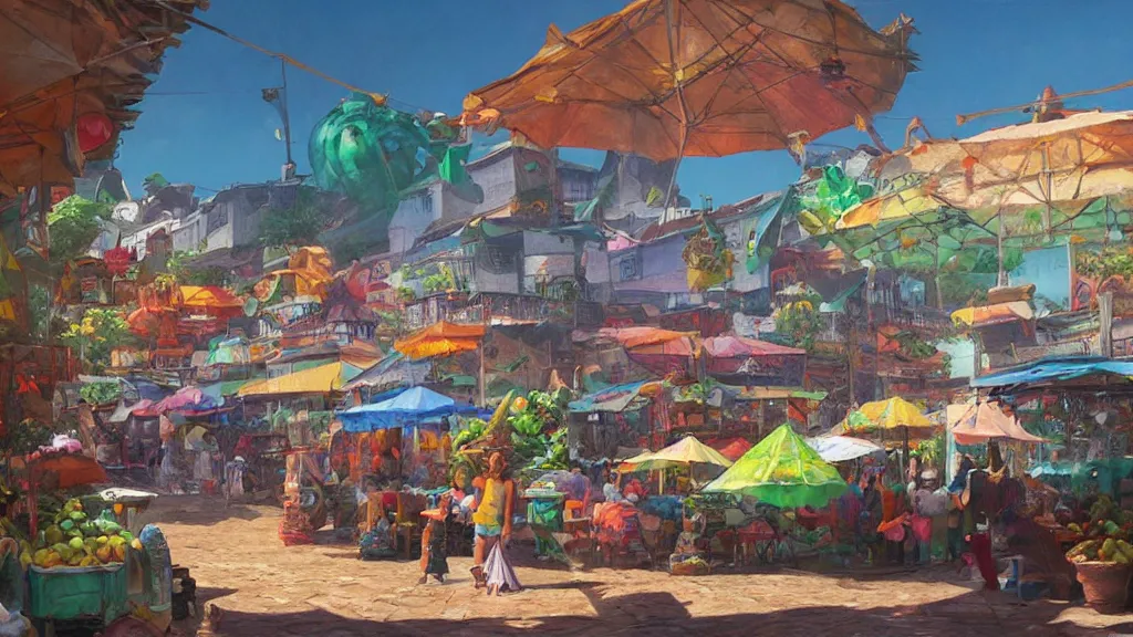 Image similar to colorful marketplace in Reunion Island, anime, digital painting by Greg Rutkowski, by James Gurney,trending on artstation,highly detailed