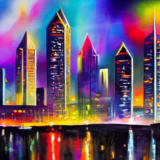 Prompt: sharp edged realistic painting of a city skyline with colorful buildings and a dark night black sky in the background