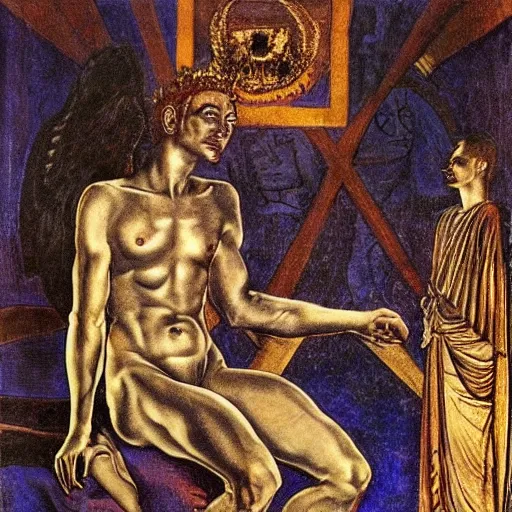 Prompt: the morning star, emperor of the world, sits in his golden throne, pensive by austin osman spare and caravaggio