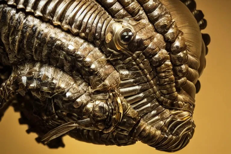 Image similar to photo taken of an epic intricate, ultra detailed, super realistic animatronic of a trilobite creature on display in a workshop, created by weta workshop, zoomed in shots, photorealistic, sharp focus, f 0. 4, face centred, macro photography, golden ratio, golden hour