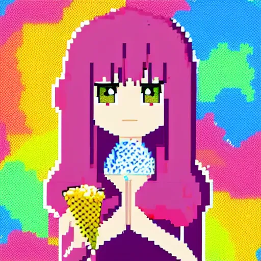 Prompt: portrait colorful anime girl with big eyes and pink hair eating ice cream pixel art