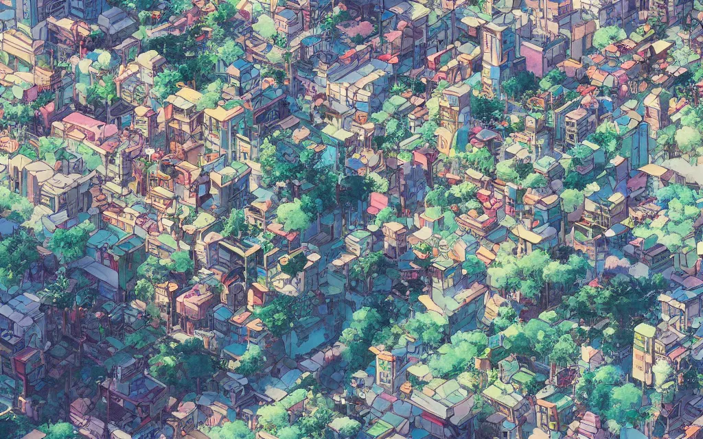 Image similar to a japanese city near the sea, lofi, dreamy, moody, very colorful, anime inspiration, ghibli vibe