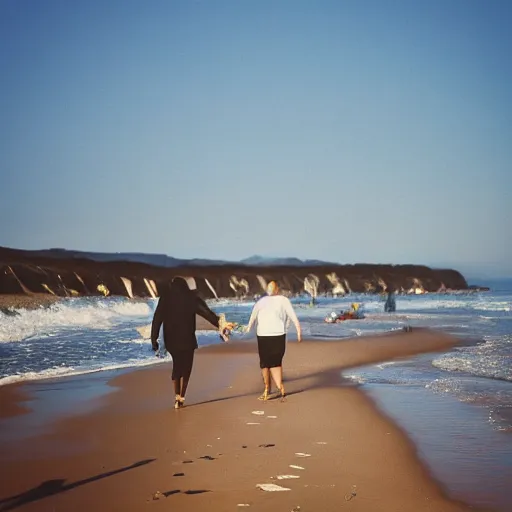 Image similar to a candid style photography of people walking on an Oregon beach, natural lighting, golden hour, well lit, Kodak gold 200 film, trending on instagram