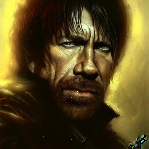 Image similar to chuck norris, darkwave, darksynth, character portrait, sharp, digital matte painting, art by luis royo, greg rutkowski, wlop, dramatic lighting, trending on artstation