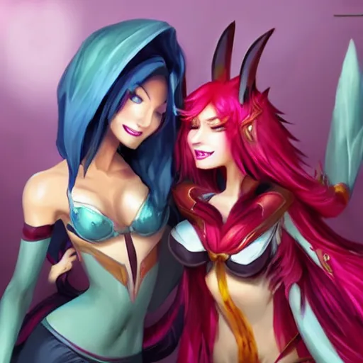 Image similar to league of legends, xayah and kai'sa as best friends, funny, flirty, smiling, playing, photo