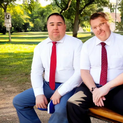Image similar to two clean - shaven chubby white men in suits and neckties sitting on a park bench, holding manila folders.