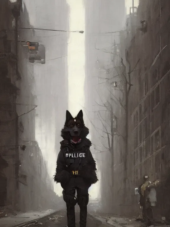 Image similar to new york city portrait of furry anthro anthropomorphic german shepard head animal person fursona wearing clothes nypd traditional police uniform in the alley, dark moody night nighttime, digital art by Nerdrum John, William Waterhouse, Winslow Homer, Alex Heywood, Jordan Grimmer, Darren Quach, Greg Rutkowski, Simon Stalenhag, trending on Artstation, CGSociety