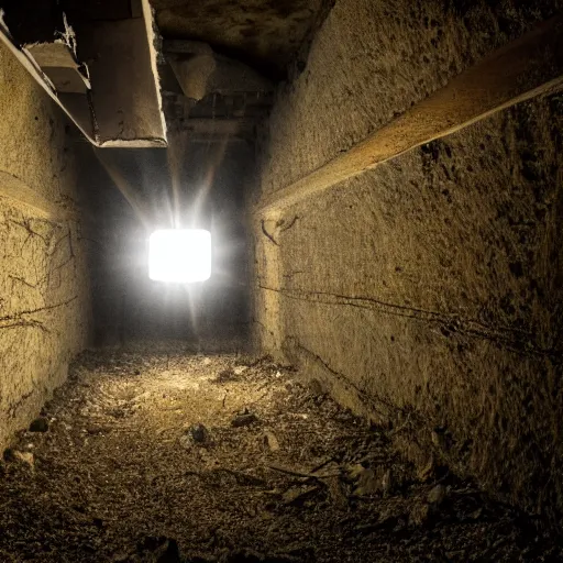 Prompt: Flashlight in abandoned mineshaft, dark, dust, dirt yellow, old wood, darkness, alone