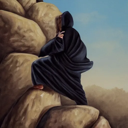 Image similar to a painting in gothic style of a guy with white hoodie pushing a big rock. modern clothes