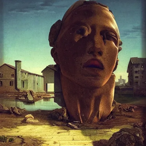 Prompt: hyperrealistic surrealism, David Friedrich, award winning masterpiece with incredible details, Zhang Kechun, a surreal vaporwave vaporwave vaporwave vaporwave vaporwave painting by Thomas Cole of a gigantic broken mannequin head sculpture in ruins, highly detailed, trending on ArtStation