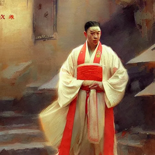 Image similar to a man wearing hanfu, muscular, painting by Gaston Bussiere, Craig Mullins