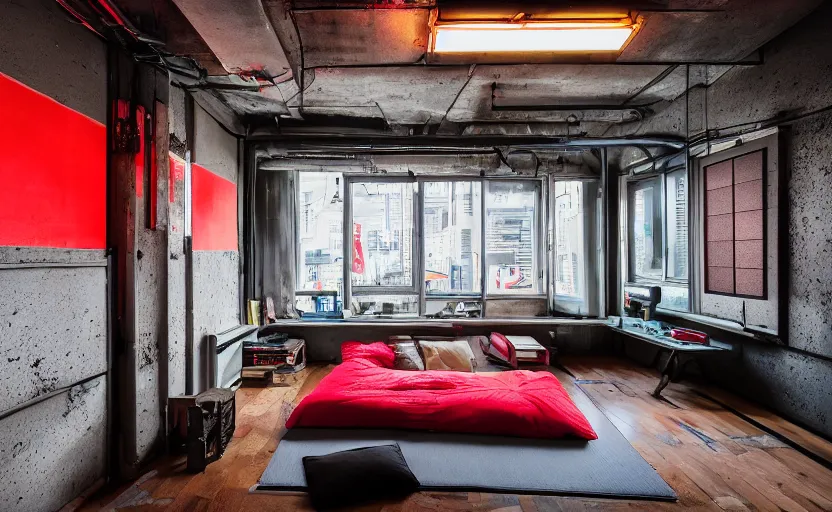 Image similar to maximalist interior of a japanese bedroom, concrete, cyberpunk, japanese neon signs, retro futuristic, old brick walls, rough wood, grey, anthracite, red, akihabara style, swedish style, window with a view of apartment blocks