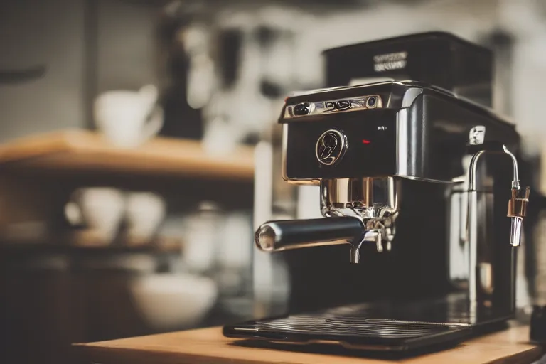 Prompt: professional photo of a high end espresso machine in a cafe, dof