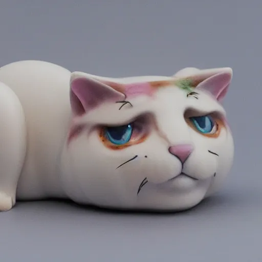 Prompt: porcelain crumpy cat by Rosina Wachtmeister, glossy, 3D, product photo