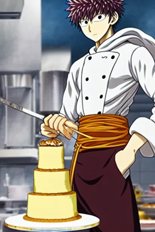 Image similar to chef saitama one punch man, dressed as a pastry chef, focused at making a cake, beautiful anime artwork