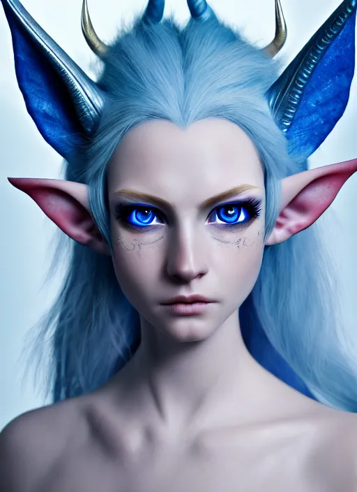 Prompt: a photorealistic portrait of a beautiful elf, professionally retouched, soft lighting, hyper realistic, hyper detailed blue eyes, beautiful white detailed hair, detailed devil horns, wide angle, sharp focus, 8 k high definition, 6 4 megapixels, insanely detailed, stunningly beautiful