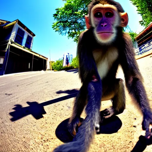 Image similar to A monkey smoking methamphetamine out of a crack pipe, fisheye lens