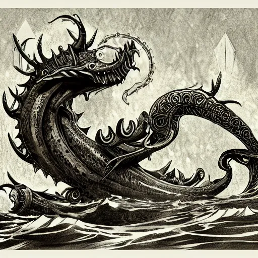 Image similar to black and white art deco style ink drawing of detailed A blue Kraken in the sea, highly detailed, fantasy art, in the style of greg rutkowski, illustration, epic, fantasy, intricate, hyper detailed, artstation, concept art, smooth, sharp focus, ray tracing