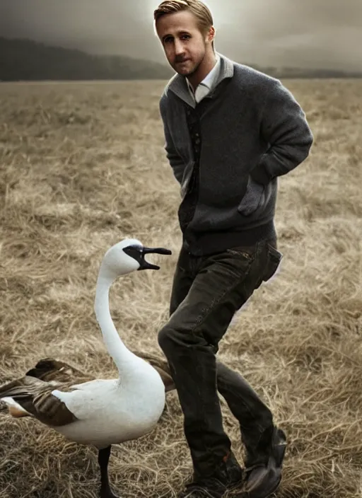 Image similar to ryan gosling fused with a goose, human arms, natural light, bloom, detailed face, magazine, press, photo, steve mccurry, david lazar, canon, nikon, focus