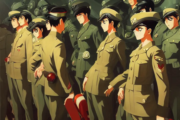 Image similar to anime key visual of dictator fascist nationalist propaganda poster from world war 2 depicting an elite regiment of anime maids commiting war crimes, style of jamie wyeth james gilleard edward hopper greg rutkowski acrylic painting, preserved museum piece, historical