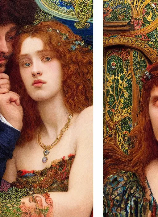 Prompt: colourful masterpiece of intricate detailed preraphaelite photography couple portrait sat down extreme closeup, love, inside a beautiful underwater train, man with long hair and long beard wearing glasses, woman with large lips eyes and straight fringe, detailed realistic expressions, colourful unusual clothes, by ford madox brown and william powell frith and frederic leighton and john william waterhouse and greg hildebrandt and william morris