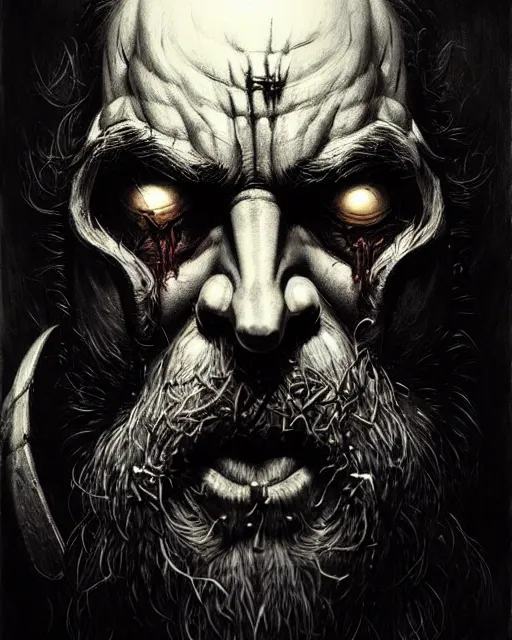 Image similar to reinhardt from overwatch, beard, slash scar through eye, character portrait, portrait, close up, concept art, intricate details, highly detailed, horror poster, horror, vintage horror art, realistic, terrifying, in the style of michael whelan, beksinski, and gustave dore