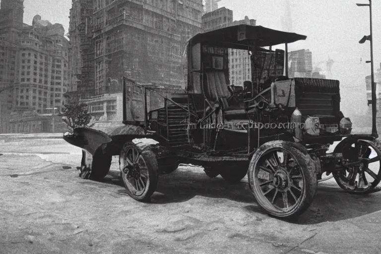 Prompt: cyberpunk 1 9 0 8 model ford t by paul lehr, metropolis, city, vintage film photo, scratched photo, scanned in, old photobook, silent movie, black and white photo