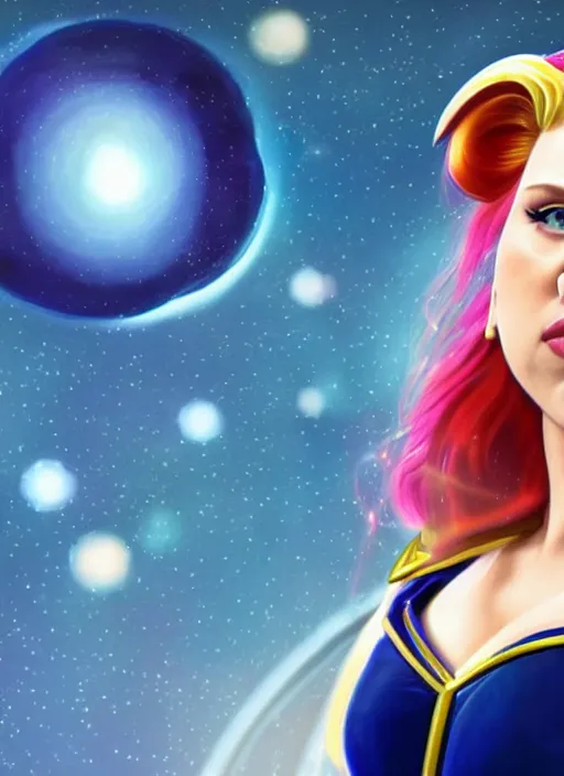 Image similar to perfectly centred realistic picture of scarlett johansson as a sailor moon, calls on the phone at futuristic office, highly detailed, sharp focus, photorealism