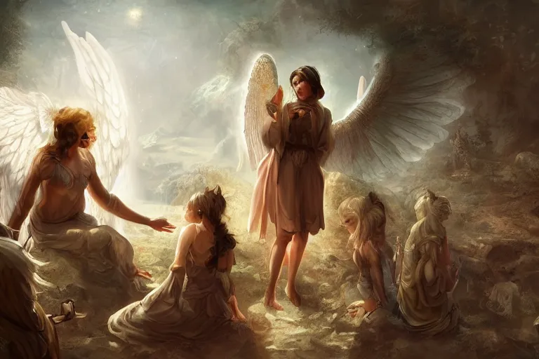 Prompt: a fake angel talking to a group of villagers, digital painting, mixed media, trending on artstation and deviantart, epic composition, magnum opus, highly detailed, 8 k