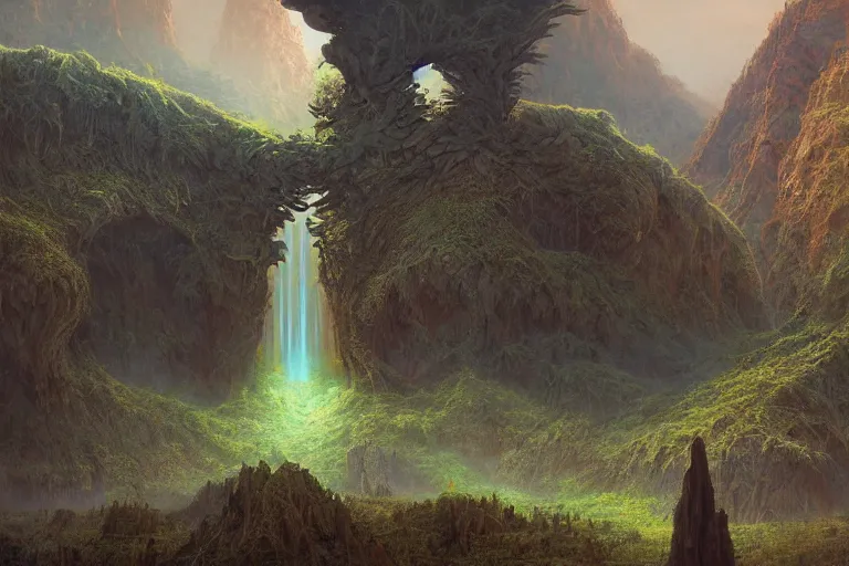 Image similar to amazing concept painting, by Jessica Rossier and HR giger and Beksinski, prophecy, hallucination, garden of eden, lush fruit orchard stream and rock garden