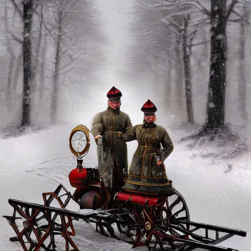 Image similar to Digital Art of a 1914 russian walking steam machine in the snow, Rozalski, trending on artstation