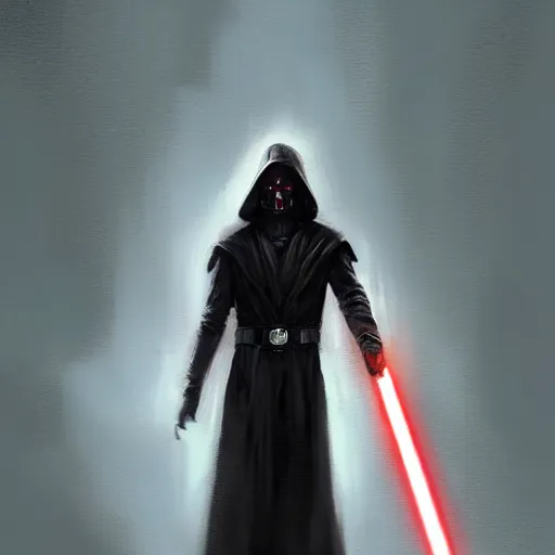 Image similar to portrait of a man by greg rutkowski, sith kinght, he looks like a vampire, long black messy hair, very tall and slender, star wars expanded universe, wearing black robes, he is about 3 0 years old, highly detailed portrait, digital painting, artstation, concept art, smooth, sharp foccus ilustration, artstation hq