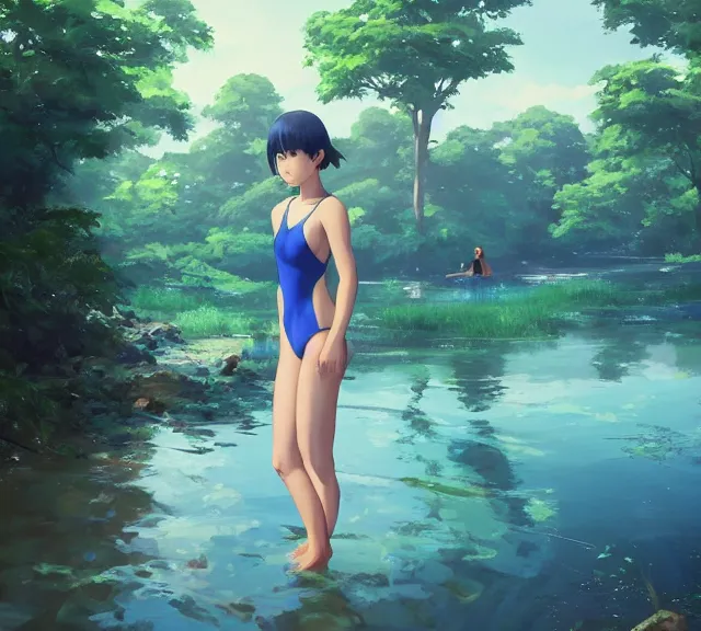 Image similar to one single girl wearing a blue bathing suit wading, standing in a narrow river, trees bent over the river, shady, ripples, facing, looking at the camera, inviting look, atmospheric lighting. By Makoto Shinkai, Stanley Artgerm Lau, WLOP, Rossdraws, James Jean, Andrei Riabovitchev, Marc Simonetti, krenz cushart, Sakimichan, trending on ArtStation, digital art.