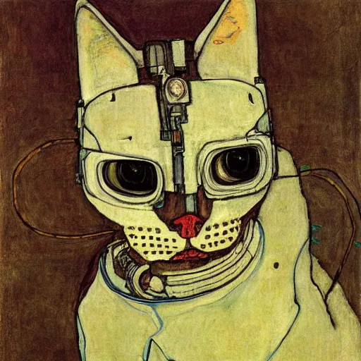 Prompt: portrait of a cyberpunk cat by egon schiele